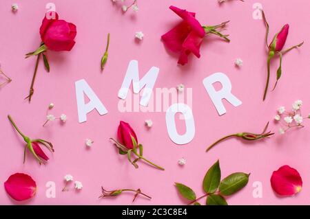 Red flowers and text AMOR on a light pink background top view Stock Photo