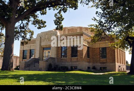 The Tulsa Fire Alarm Building, an Art Deco landmark completed in 1931, served as the Oklahoma city's central fire alarm reporting station. Stock Photo