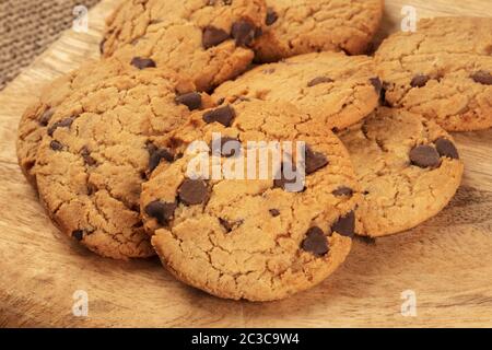 Chocolate chip cookies close-up on a rustic background Stock Photo