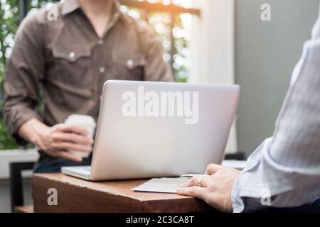 Business meeting  in outdoor. documents account managers crew working with new startup project Idea presentation, analyse marketing plans. Stock Photo