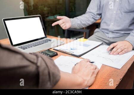 Business meeting  in outdoor. documents account managers crew working with new startup project Idea presentation, analyse marketing plans. Stock Photo