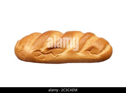 oblong baked loaf of bread made from white wheat flour isolated on a white background. long loaf Stock Photo