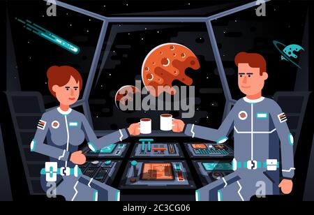 Astronauts in the cockpit of spaceship Stock Vector