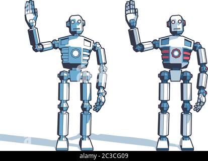 Robot man welcomes waving his hand Stock Vector