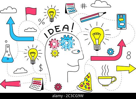 Creative Idea in the head of a person is a doodle flowchart Stock Vector