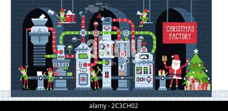 Christmas factory conveyor with working elves Stock Vector