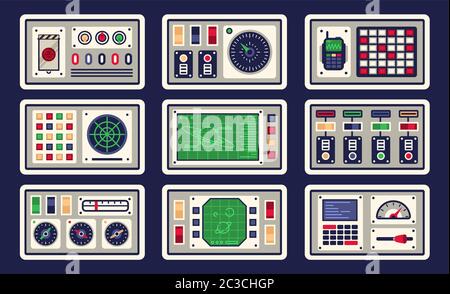 Retro dashboard UI. Futuristic spaceship control panel with dials knobs ...