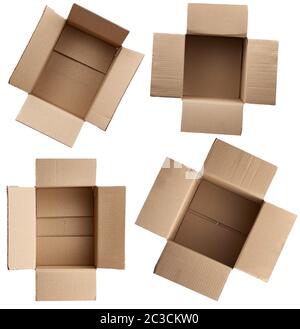 open empty brown rectangular and square cardboard boxes for transporting goods isolated on white background. Packaging design Stock Photo
