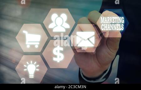 Handwriting text Marketing Channels. Conceptual photo the necessary to transfer the ownership of goods Stock Photo