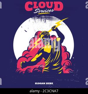 Zeus Thunderbolt Gods Mascot cloud service apps or fast cloud services or clean energy Logo Template Stock Vector
