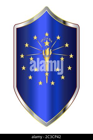 A typical crusader type shield with the state flag of Indiana all isolated on a white background Stock Photo