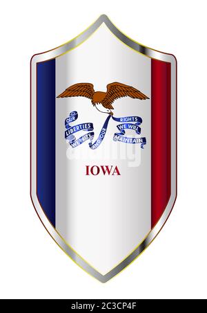 A typical crusader type shield with the state flag of Iowa all isolated on a white background Stock Photo