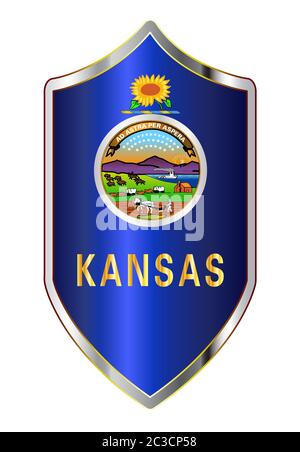 A typical crusader type shield with the state flag of Kansas all isolated on a white background Stock Photo