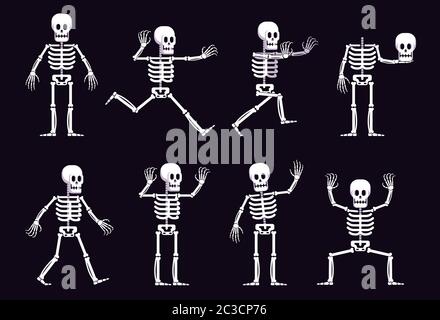 Halloween cartoon skeleton in different position Stock Vector