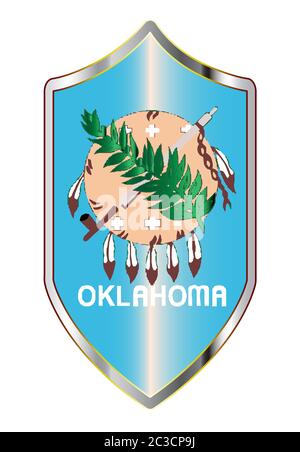 A typical crusader type shield with the state flag of Oklahoma all isolated on a white background Stock Photo