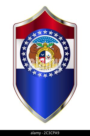 A typical crusader type shield with the state flag of Missouri all isolated on a white background Stock Photo