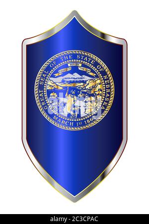 A typical crusader type shield with the state flag of Nebraska all isolated on a white background Stock Photo