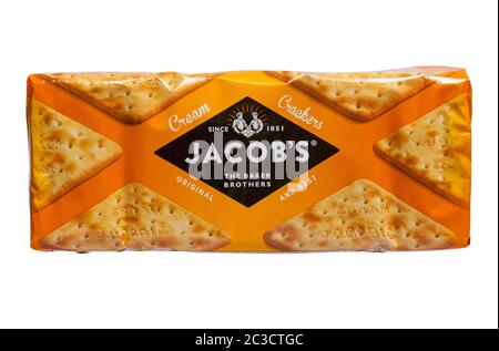 packet of Jacob's Cream Crackers original and best The Baker Brothers since 1851 isolated on white background - savoury biscuits Stock Photo