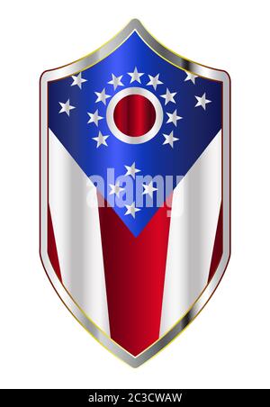 A typical crusader type shield with the state flag of Ohio all isolated on a white background Stock Photo