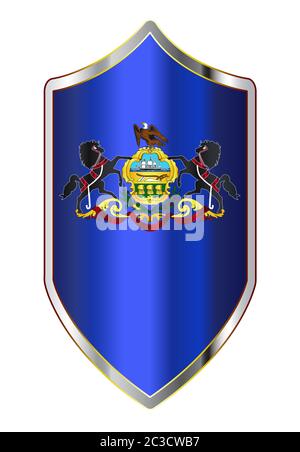 A typical crusader type shield with the state flag of Pennsylvania all isolated on a white background Stock Photo