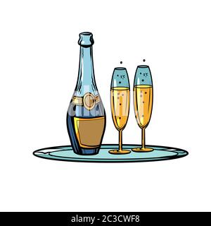 A bottle of champagne with glasses on a tray. Celebration. Pop art retro vector illustration vintage kitsch 50s 60s Stock Photo