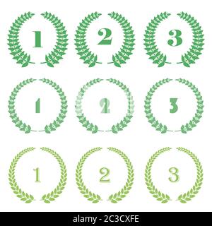 Green Leaves. Different Wreath. Award Icon. Placement in a Sporting Competition Contest or Business and Education Challenge. Round Label with Laurel W Stock Photo