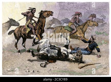 US Cavalryman unhorsed, battle of Little Bighorn, 1876. Hand-colored woodcut of a Frederic Remington illustration