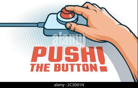 Hand push the red button with finger Stock Vector