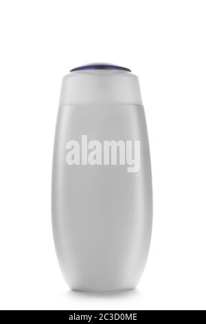 white bottle with a blue lid for storing shampoo, shower gel and other liquid cosmetics. on a white isolated background. Stock Photo