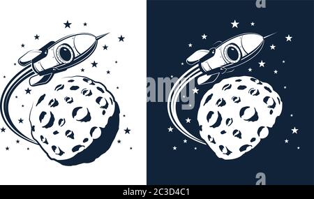Space Rocket flies around the planet with craters similar to the moon Stock Vector