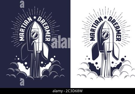 Retro rocket with porthole takes off to Mars Stock Vector