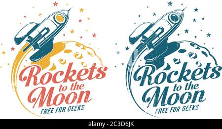 A rocket flying around the moon - vintage emblem poster print Stock Vector
