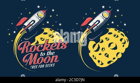 Space rocket flying around the planet with craters - retro emblem poster Stock Vector