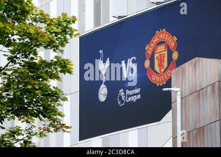Tottenham Hotspur Ground, White hart Lane, London, UK. 19th June 2020. Premier League: Tottenham Hotspur vs Manchester United: Signs at the Spurs ground advising fans to stay at home and watch tonight's match on Spurs TV. Credit: Matthew Chattle/Alamy Live News Stock Photo