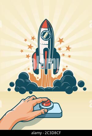 The hand presses the button and the rocket starts Stock Vector