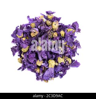 Dry mallow flowers, isolated on white background. Organic tea. Top view. Close up. Stock Photo