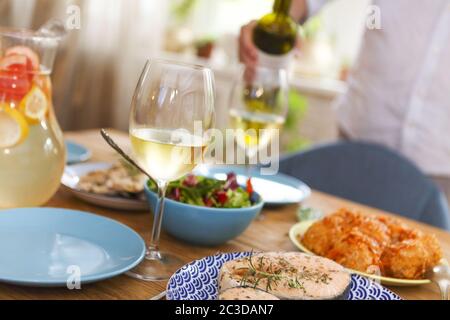 Festive table with food and drinks Stock Photo