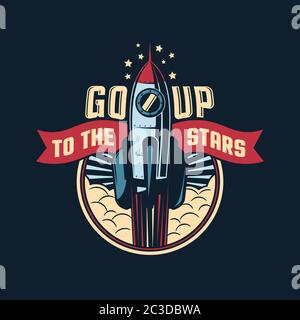 The rocket launches into space badge emblem in retro style Stock Vector