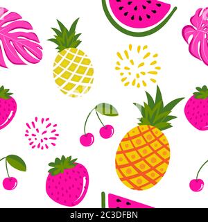Cute tropical frutis pattern background - funny vector drawing seamless pattern. Lettering poster or t-shirt textile graphic design. / Cute illustrati Stock Vector