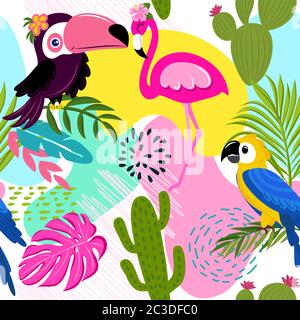 Toucan, Flamingo, Parrot, Cute tropical leaves and plants pattern background - funny vector drawing seamless pattern. Lettering poster or t-shirt text Stock Vector