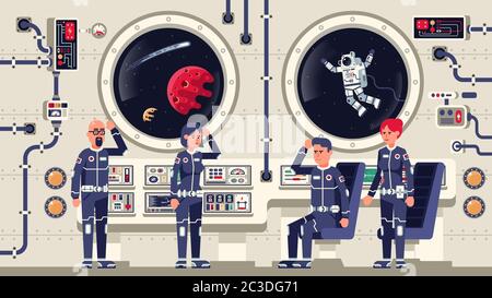 Astronauts are men and women aboard a spacecraft Stock Vector