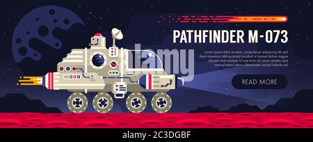 Space rover on red planet surface. Exploring an alien planet. Stock Vector