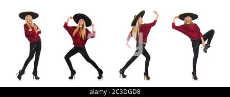 Funny mexican woman wearing sombrero isolated on white Stock Photo