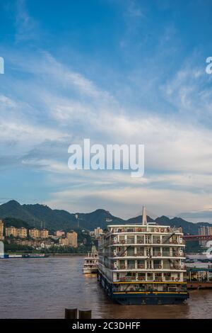 Cruising ship docked in Chongqing town Stock Photo