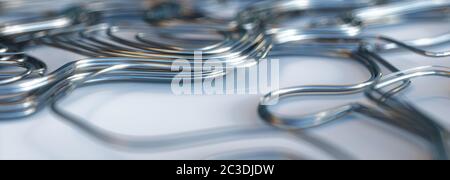 3d render of abstract swirly reflective metal wire on white background, shallow depth of field, panoramic Stock Photo