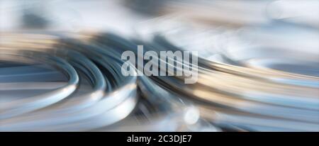 3d render of abstract reflective metal wire, shallow depth of field, panoramic Stock Photo