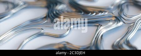 3d render of abstract swirly reflective metal wire on white background, shallow depth of field, panoramic Stock Photo