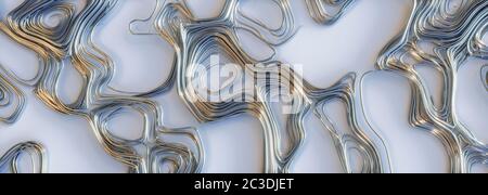 3d render of abstract swirly reflective metal wire on white background, panoramic Stock Photo