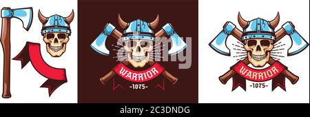 Warrior logo with skull in Viking helmet and crossed battle axes Stock Vector