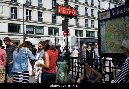 Metro Station of Saint Paul of Line 1 subway with traditional Metro sign.Le Marais.Paris.France Stock Photo